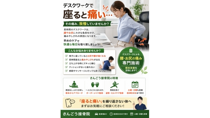 尾張旭市　鍼灸接骨院　デスクワークで 「座ると痛い…」そんなお悩みありませんか？